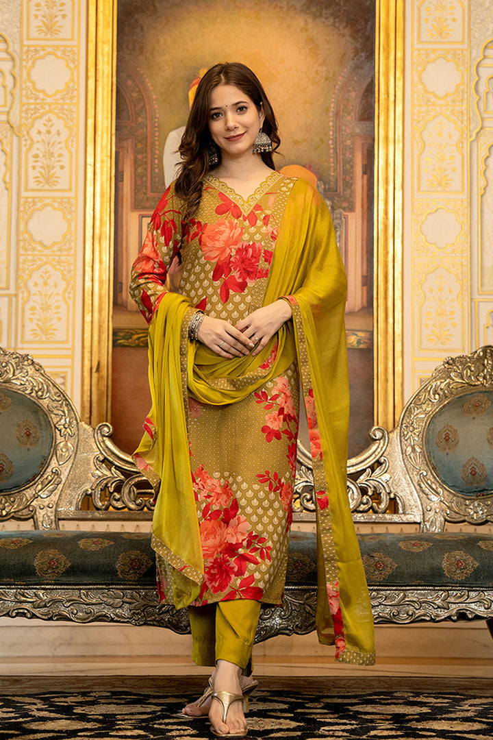 Green Silk Blend Floral Printed Straight Suit Set With Trouser Bottom | SHOBITAM