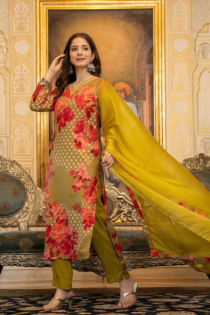 Green Silk Blend Floral Printed Straight Suit Set With Trouser Bottom | SHOBITAM