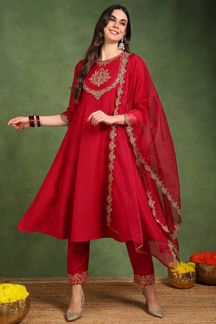 Pink Silk Blend Solid Embroidered Anarkali Suit Set With Trouser Style Bottom | SHOBITAM