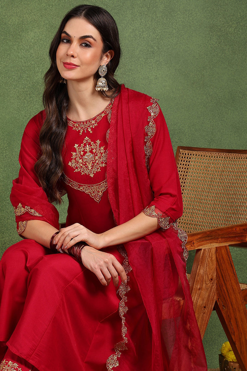 Pink Silk Blend Solid Embroidered Anarkali Suit Set With Trouser Style Bottom | SHOBITAM