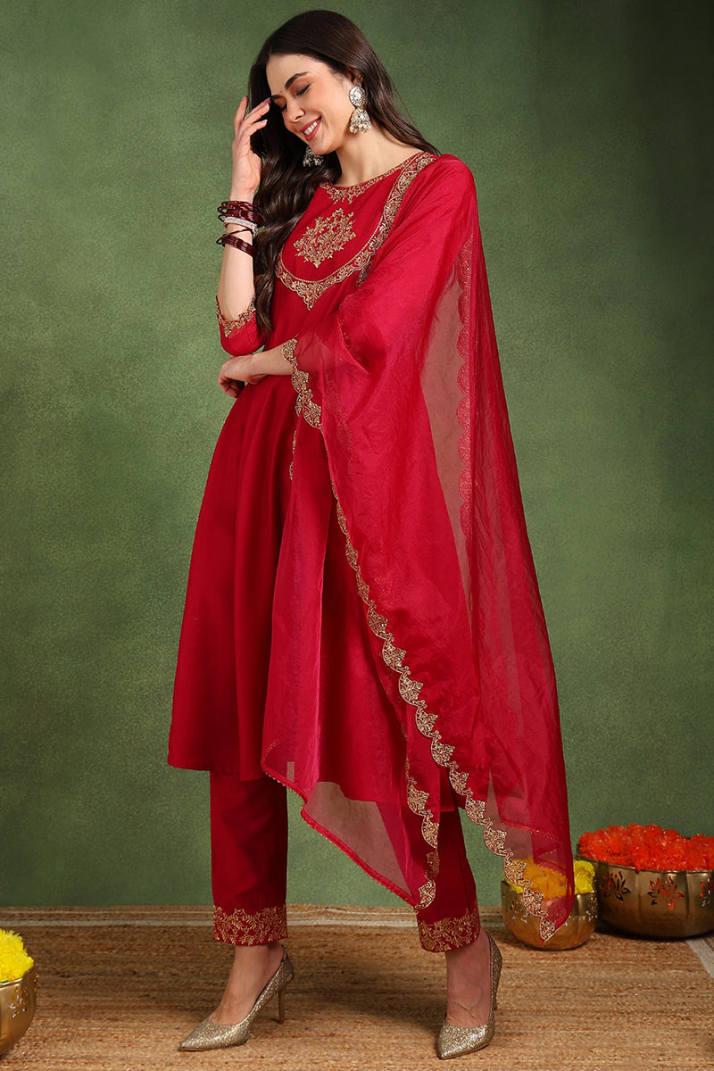 Pink Silk Blend Solid Embroidered Anarkali Suit Set With Trouser Style Bottom | SHOBITAM