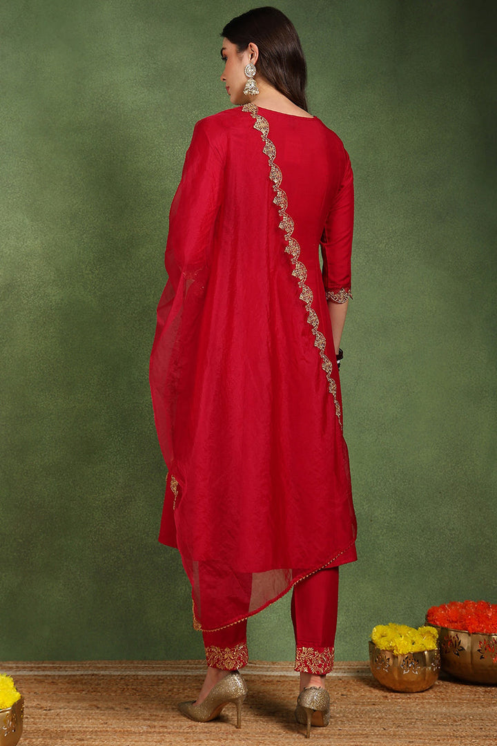 Pink Silk Blend Solid Embroidered Anarkali Suit Set With Trouser Style Bottom | SHOBITAM