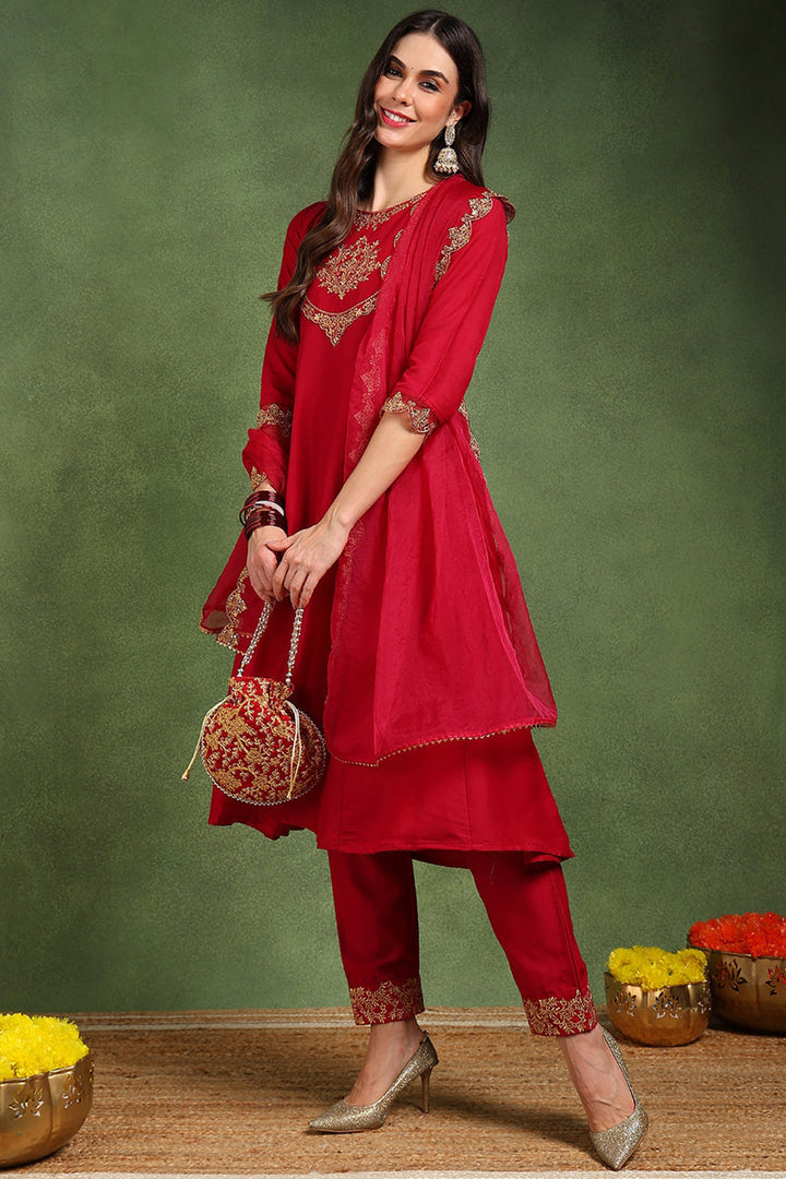 Pink Silk Blend Solid Embroidered Anarkali Suit Set With Trouser Style Bottom | SHOBITAM