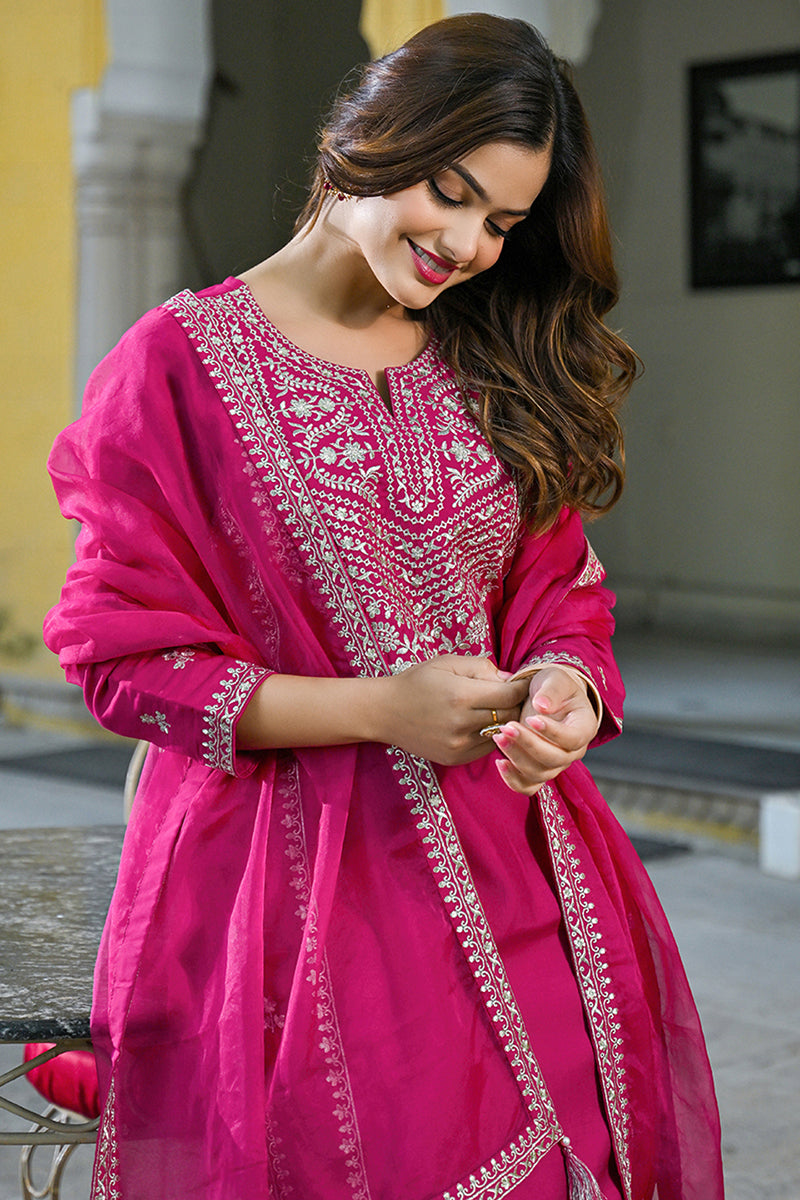 Pink Silk Blend Solid Embroidered Straight Kurta Palazzos With Dupatta | SHOBITAM