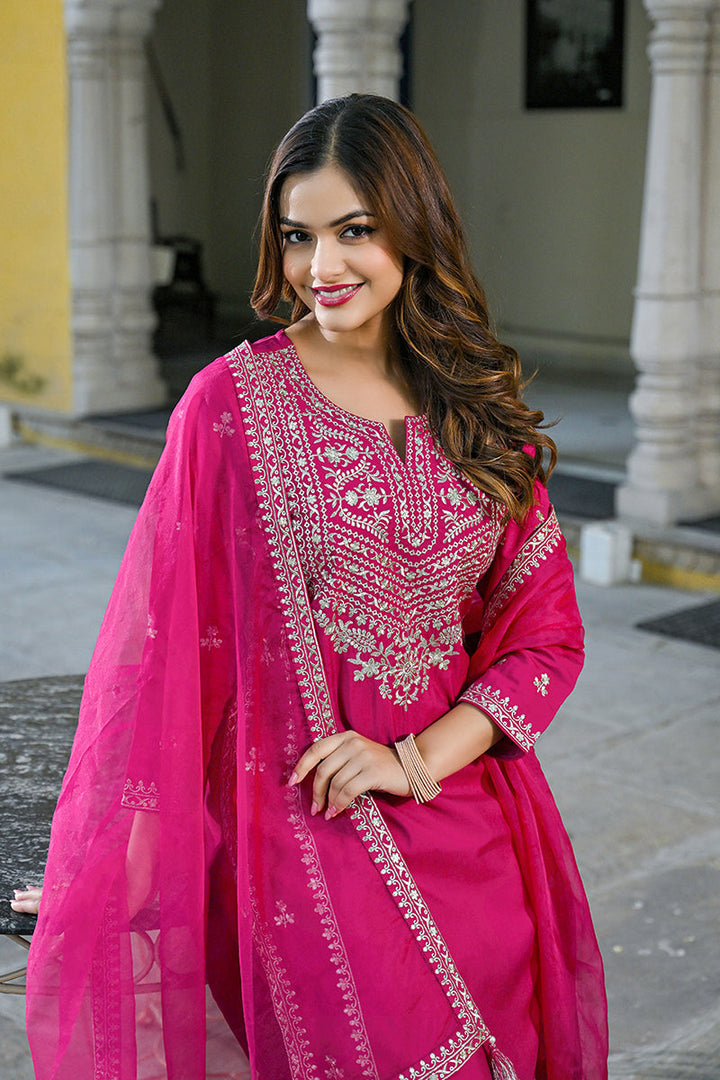 Pink Silk Blend Solid Embroidered Straight Kurta Palazzos With Dupatta | SHOBITAM
