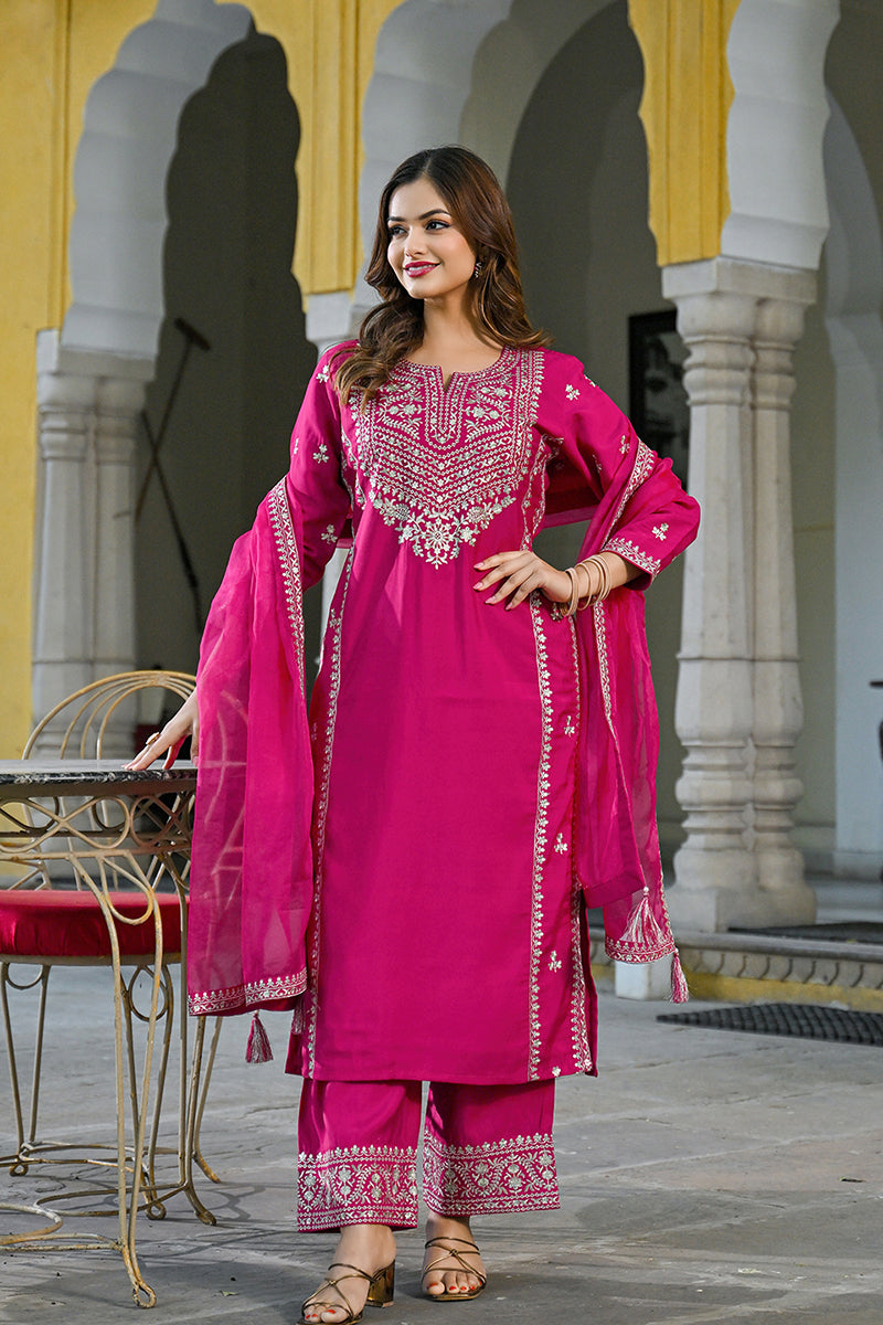 Pink Silk Blend Solid Embroidered Straight Kurta Palazzos With Dupatta | SHOBITAM