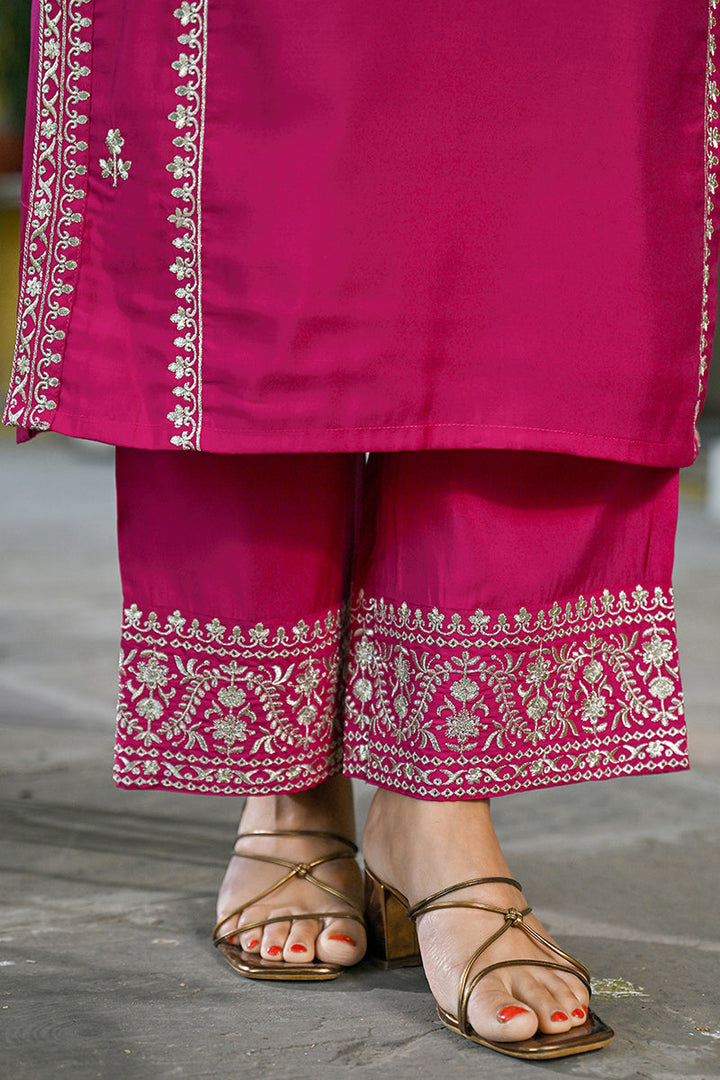 Pink Silk Blend Solid Embroidered Straight Kurta Palazzos With Dupatta | SHOBITAM