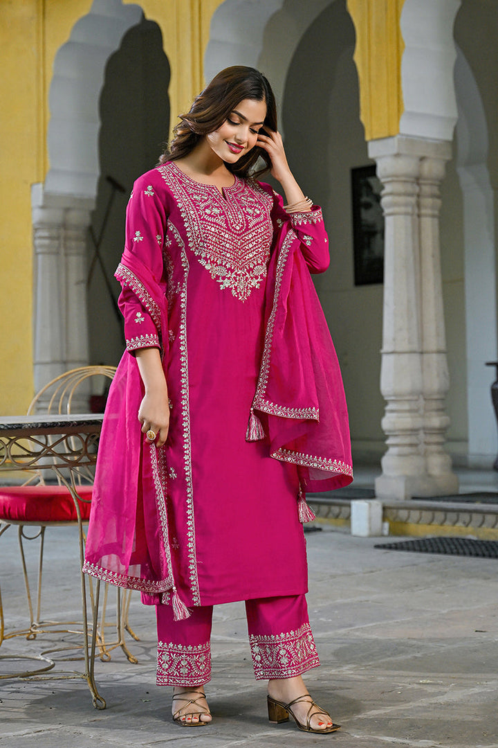 Pink Silk Blend Solid Embroidered Straight Kurta Palazzos With Dupatta | SHOBITAM