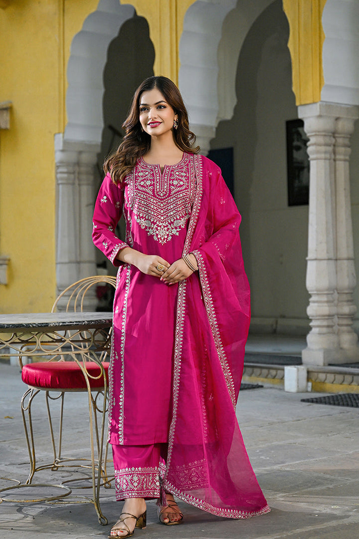 Pink Silk Blend Solid Embroidered Straight Kurta Palazzos With Dupatta | SHOBITAM