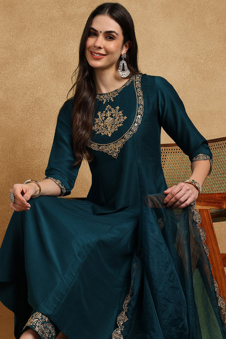 Teal Blue Silk Blend Solid Embroidered Anarkali Suit Set | SHOBITAM