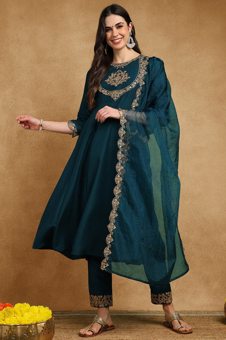 Teal Blue Silk Blend Solid Embroidered Anarkali Suit Set | SHOBITAM