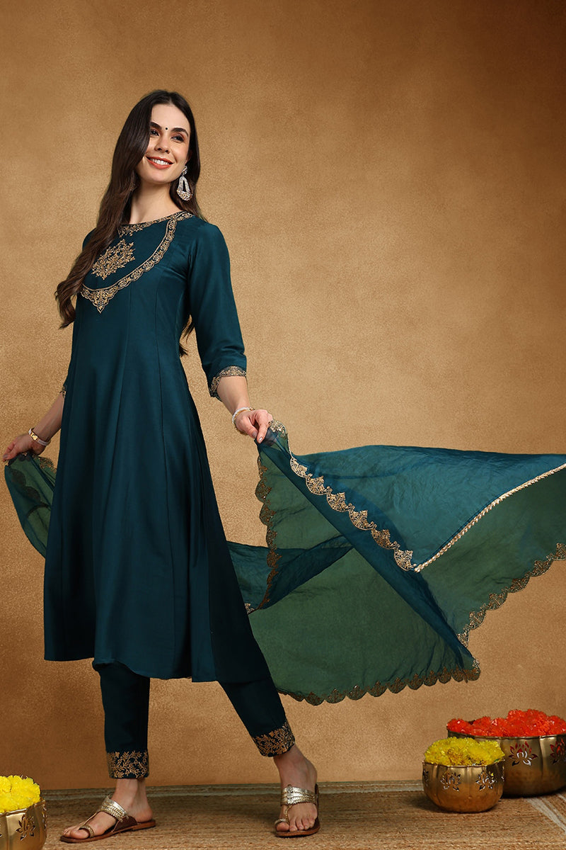 Teal Blue Silk Blend Solid Embroidered Anarkali Suit Set | SHOBITAM