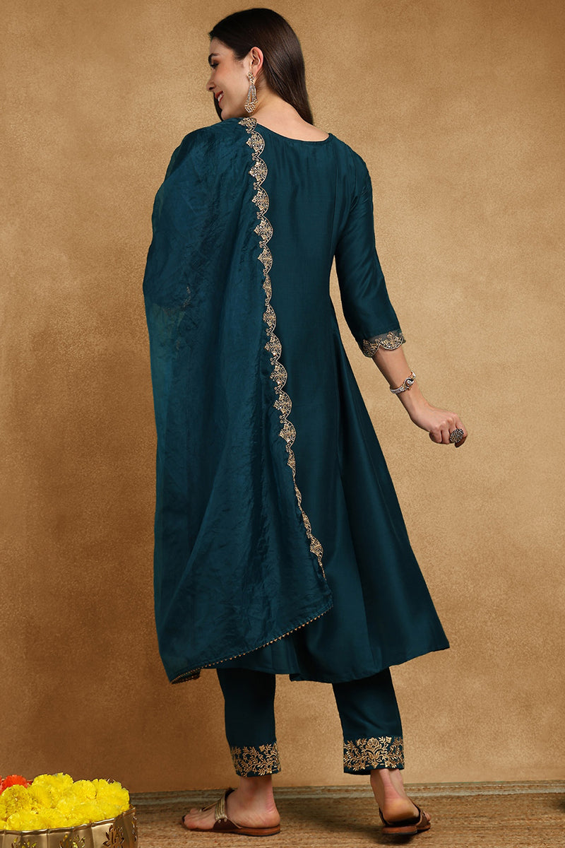 Teal Blue Silk Blend Solid Embroidered Anarkali Suit Set | SHOBITAM
