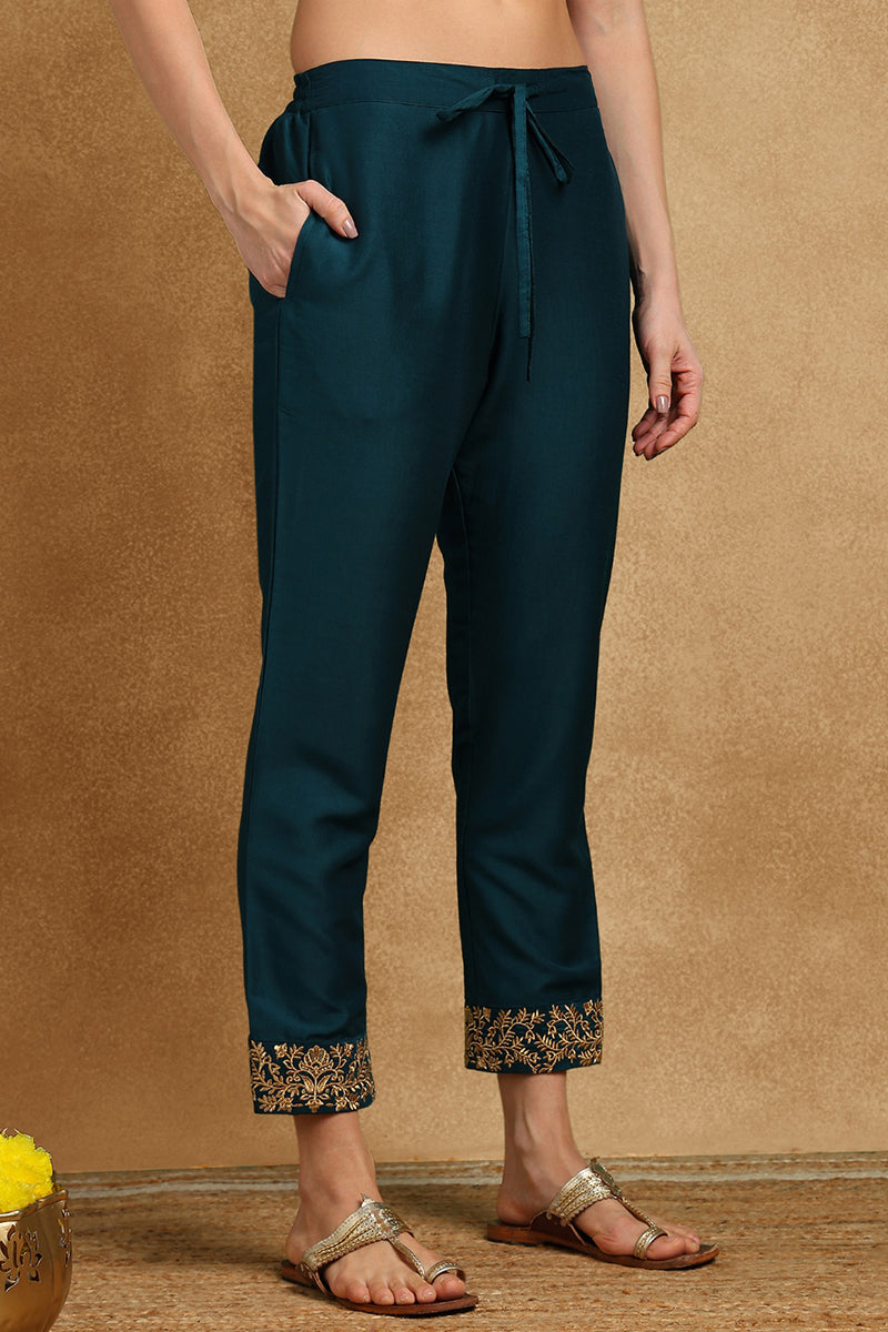 Teal Blue Silk Blend Solid Embroidered Anarkali Suit Set | SHOBITAM