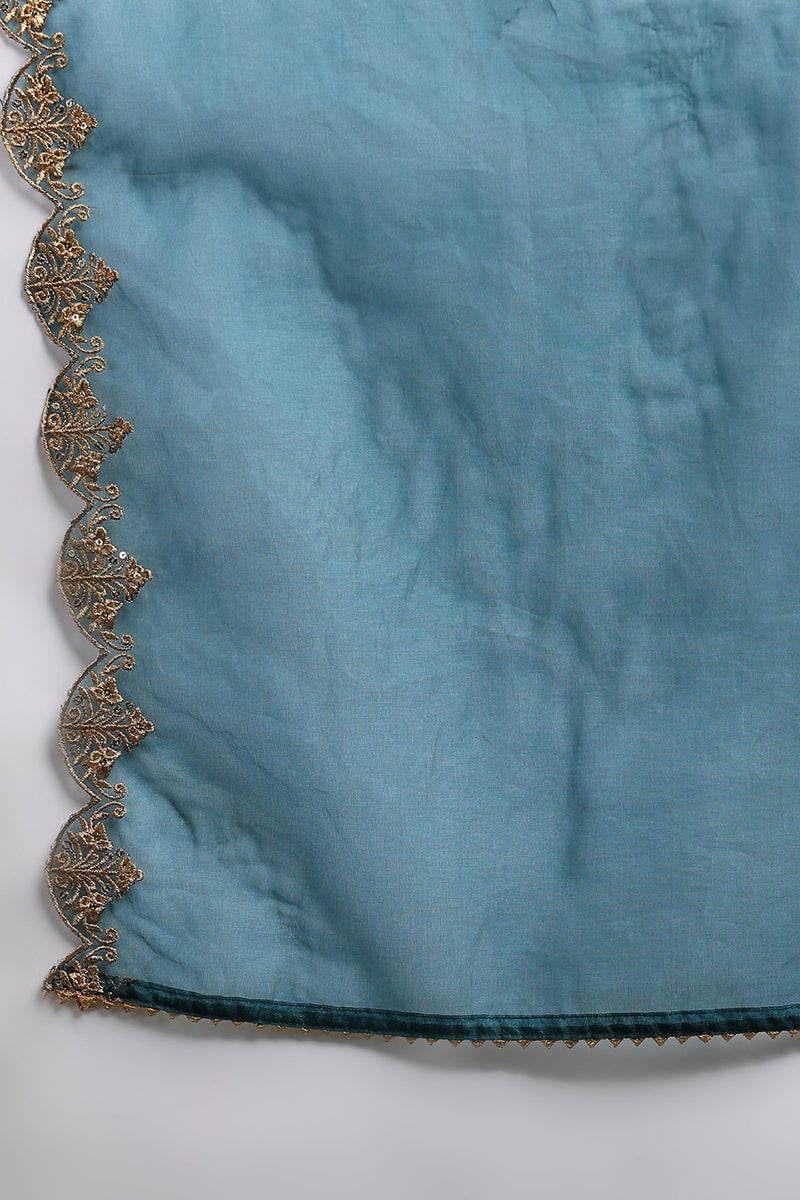 Teal Blue Silk Blend Solid Embroidered Anarkali Suit Set | SHOBITAM