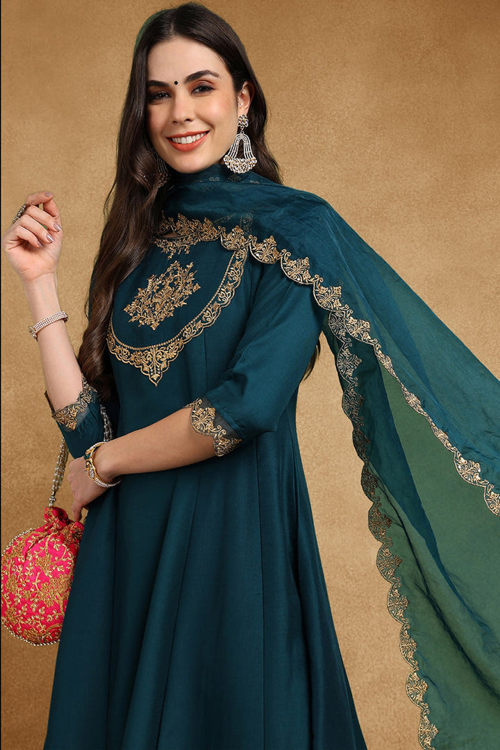 Teal Blue Silk Blend Solid Embroidered Anarkali Suit Set | SHOBITAM