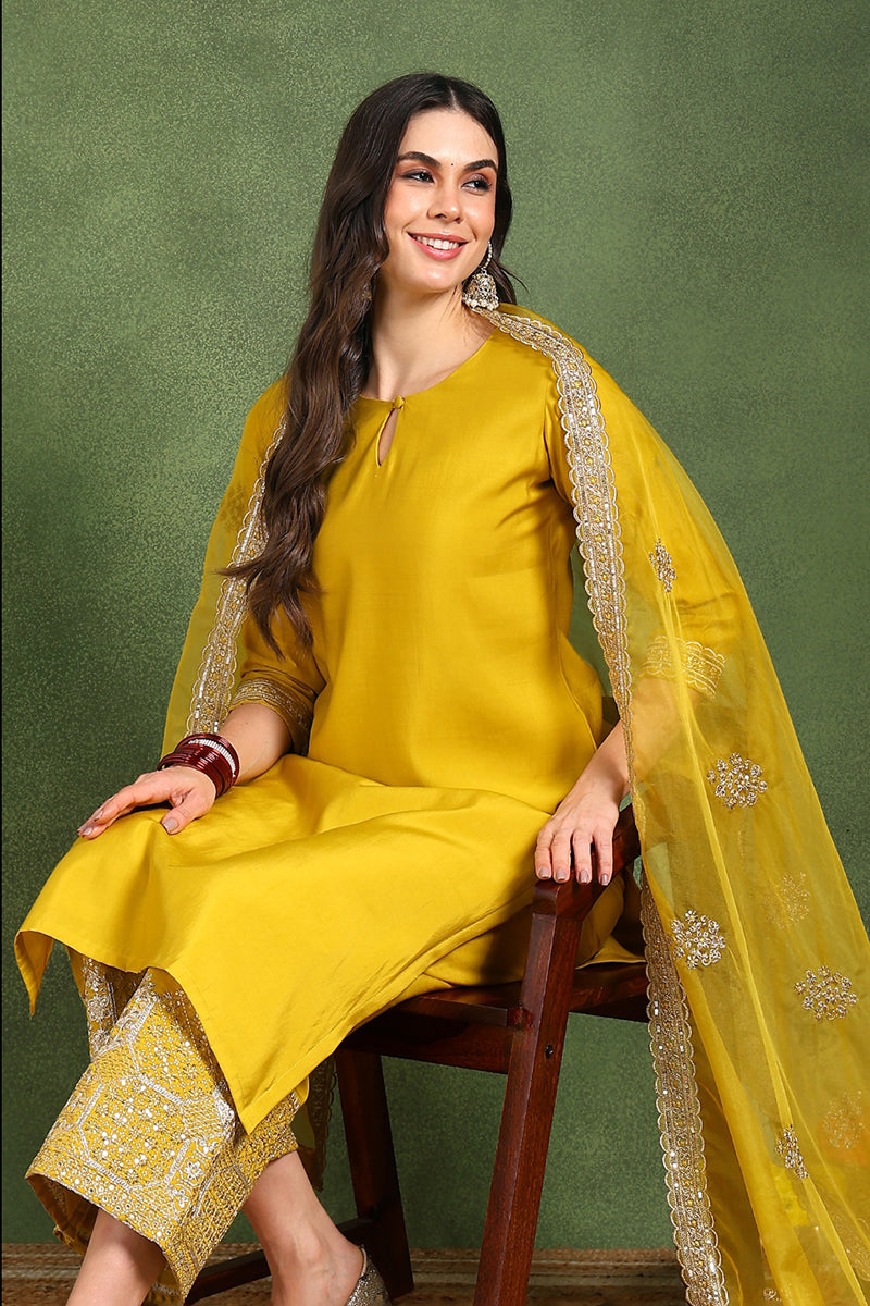 Yellow Silk Blend Solid Straight Suit Set With Palazzo Style Bottom  | SHOBITAM