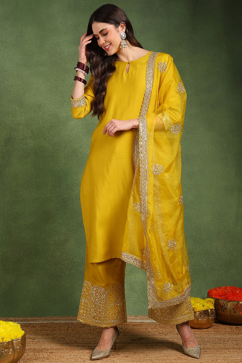 Yellow Silk Blend Solid Straight Suit Set With Palazzo Style Bottom  | SHOBITAM