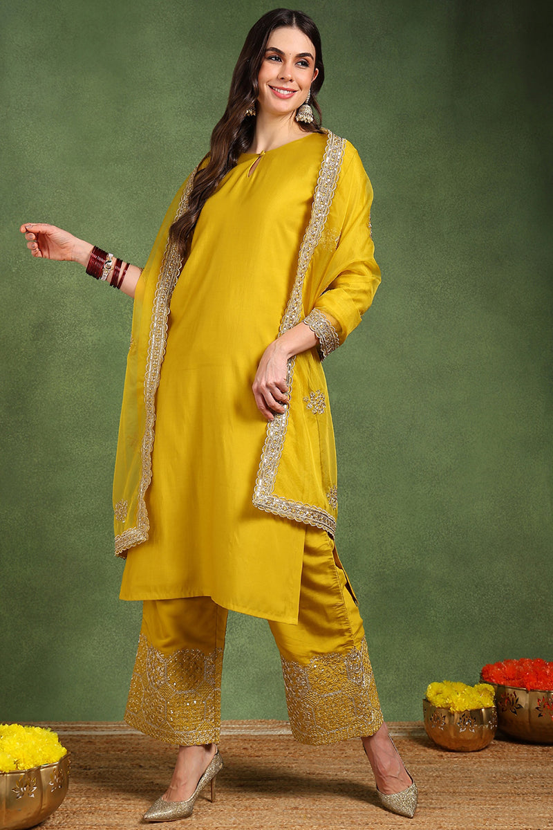 Yellow Silk Blend Solid Straight Suit Set With Palazzo Style Bottom  | SHOBITAM