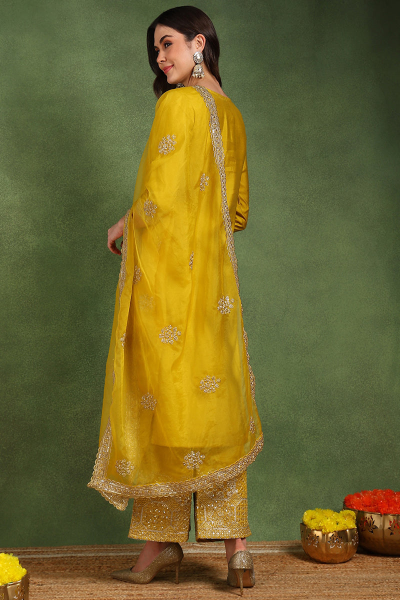 Yellow Silk Blend Solid Straight Suit Set With Palazzo Style Bottom  | SHOBITAM