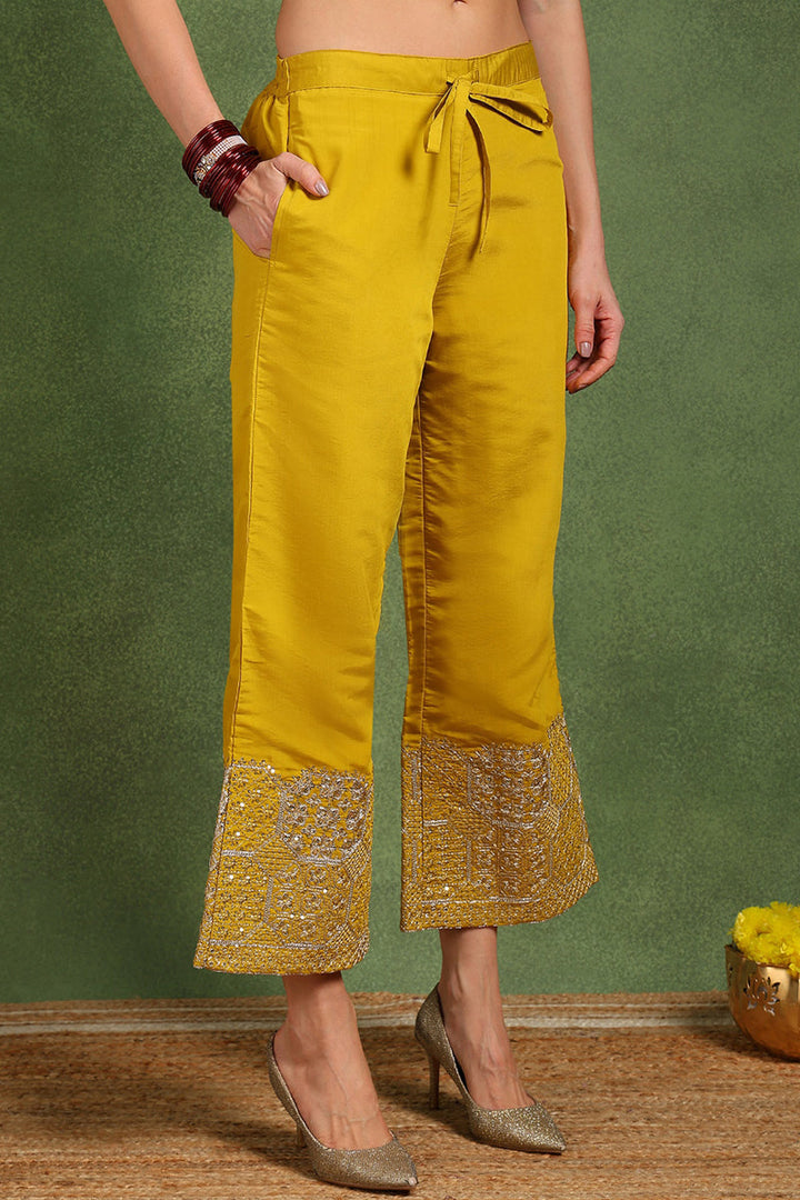 Yellow Silk Blend Solid Straight Suit Set With Palazzo Style Bottom  | SHOBITAM