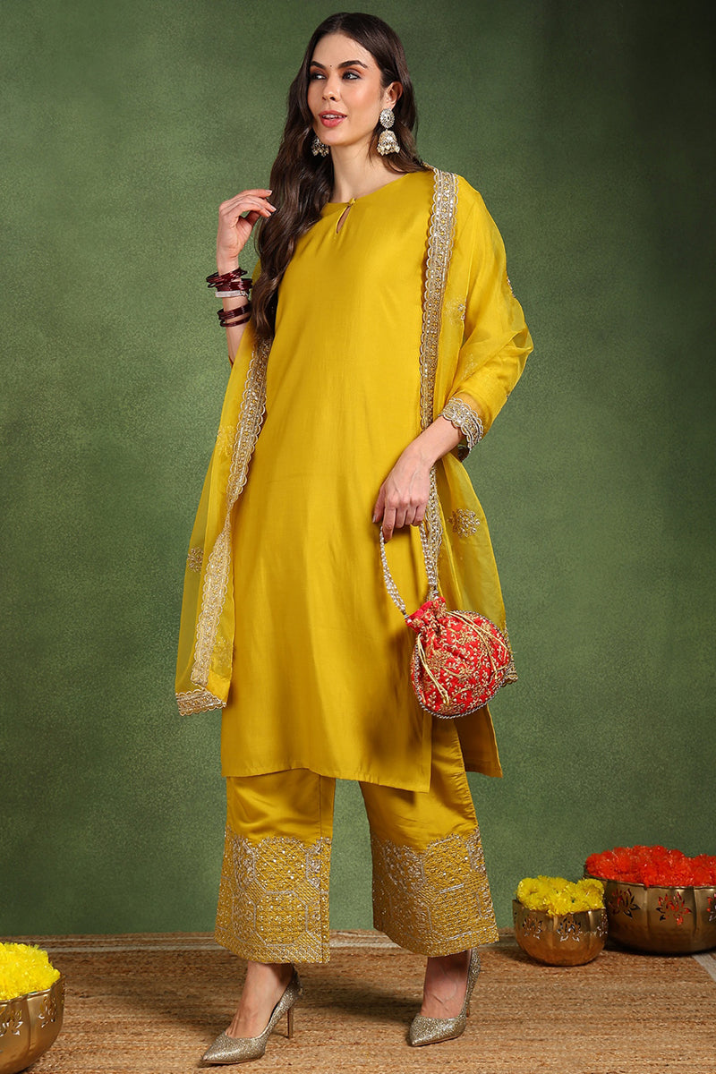 Yellow Silk Blend Solid Straight Suit Set With Palazzo Style Bottom  | SHOBITAM