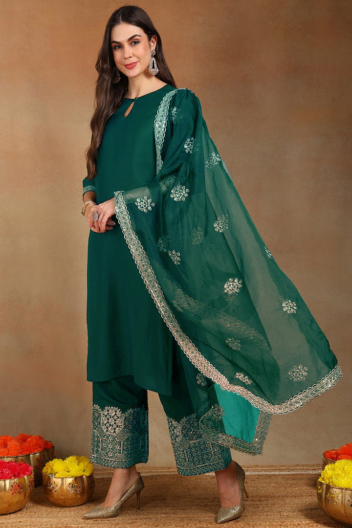 Teal Green Silk Blend Solid Straight Festive Suit Set | SHOBITAM