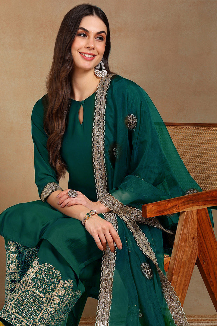 Teal Green Silk Blend Solid Straight Festive Suit Set | SHOBITAM