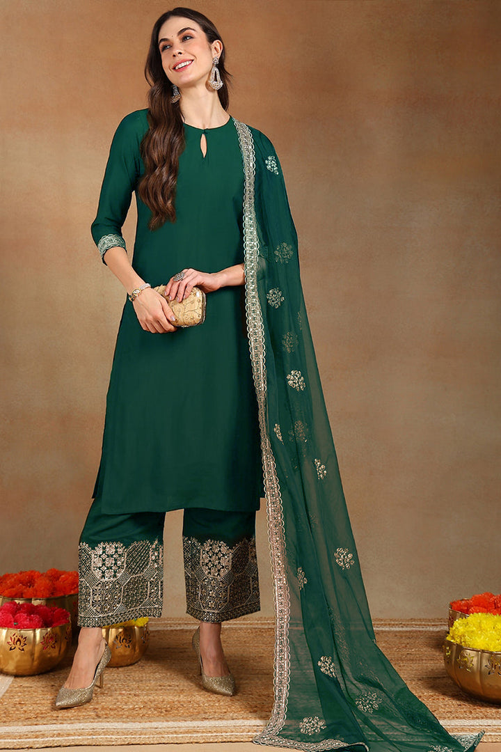 Teal Green Silk Blend Solid Straight Festive Suit Set | SHOBITAM