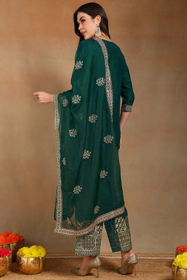Teal Green Silk Blend Solid Straight Festive Suit Set | SHOBITAM