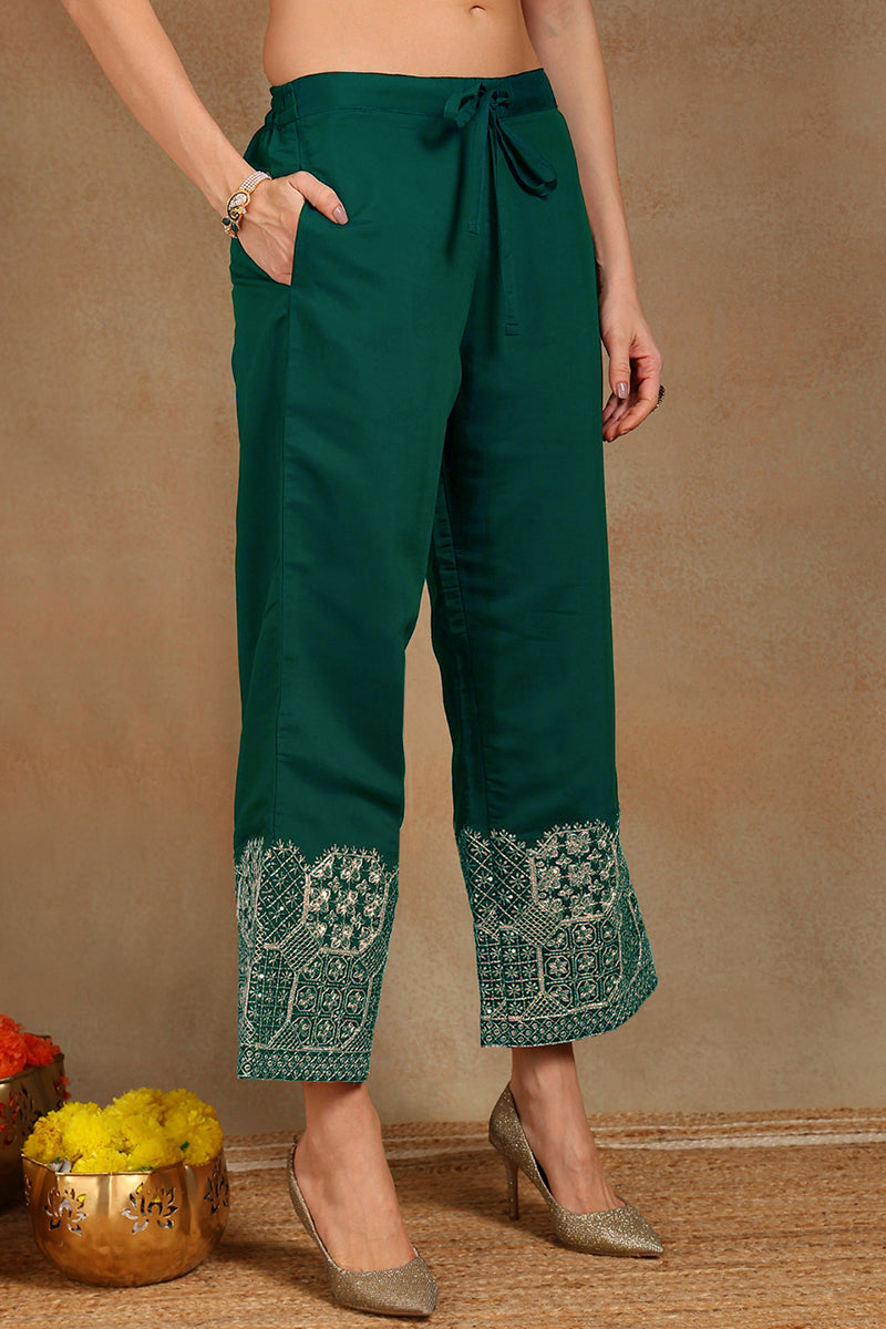 Teal Green Silk Blend Solid Straight Festive Suit Set | SHOBITAM