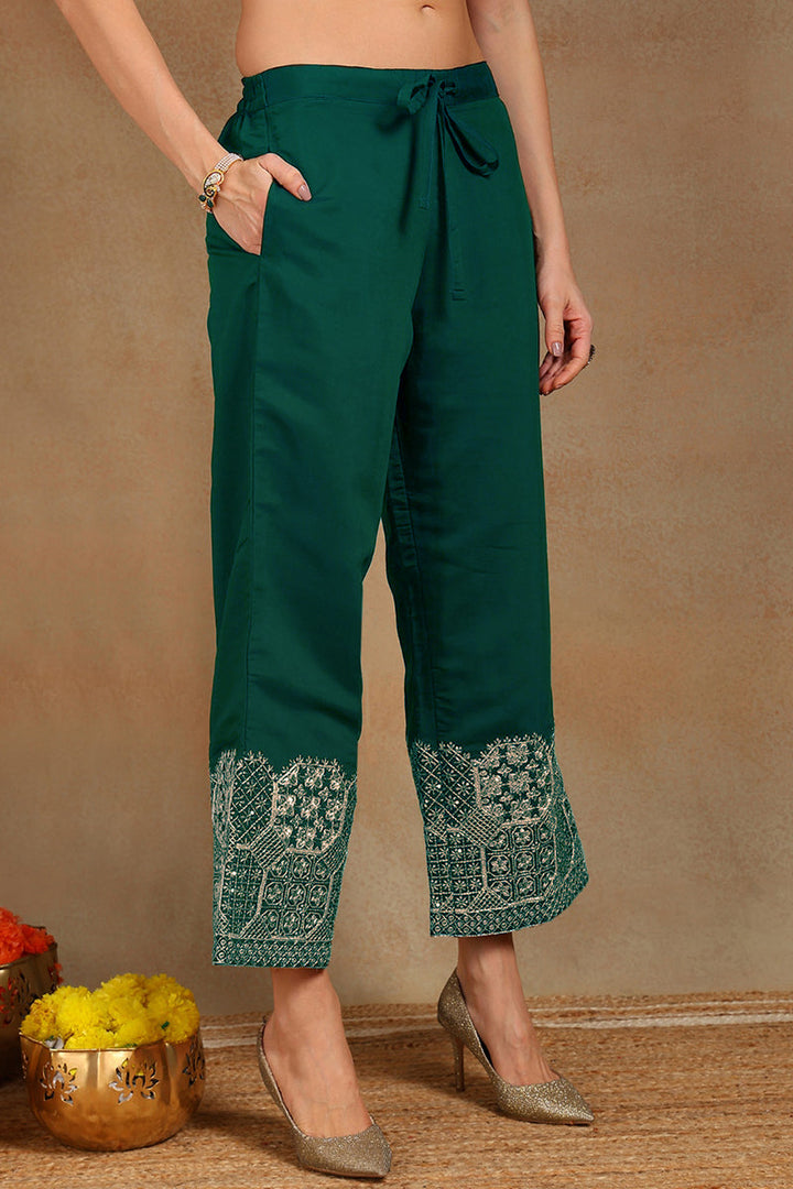 Teal Green Silk Blend Solid Straight Festive Suit Set | SHOBITAM