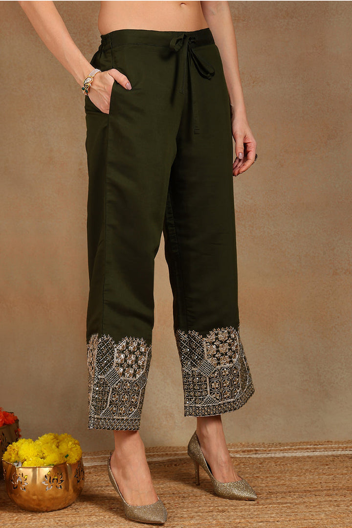 Olive Green Silk Blend Solid Straight Suit Set PKSKD2744