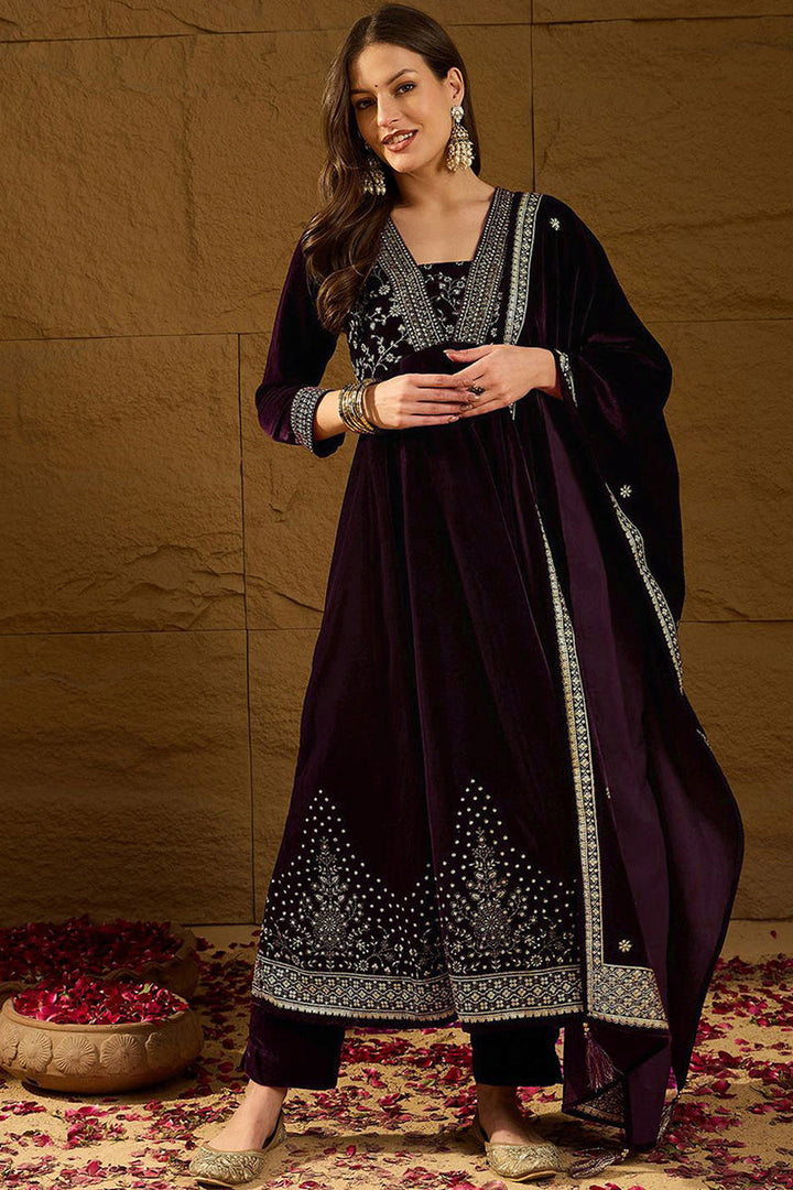 Purple Velvet Floral Printed Anarkali Trousers Suit Set