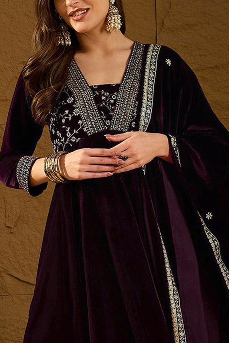 Purple Velvet Floral Printed Anarkali Trousers Suit Set