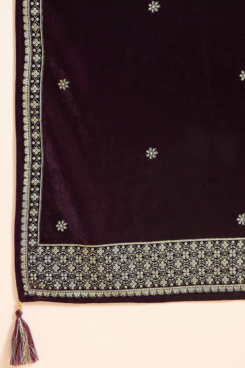 Purple Velvet Floral Printed Anarkali Trousers Suit Set