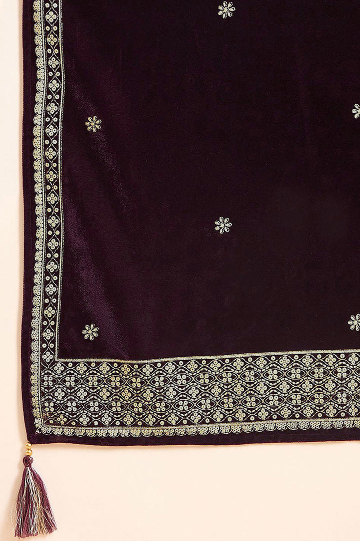 Purple Velvet Floral Printed Anarkali Trousers Suit Set