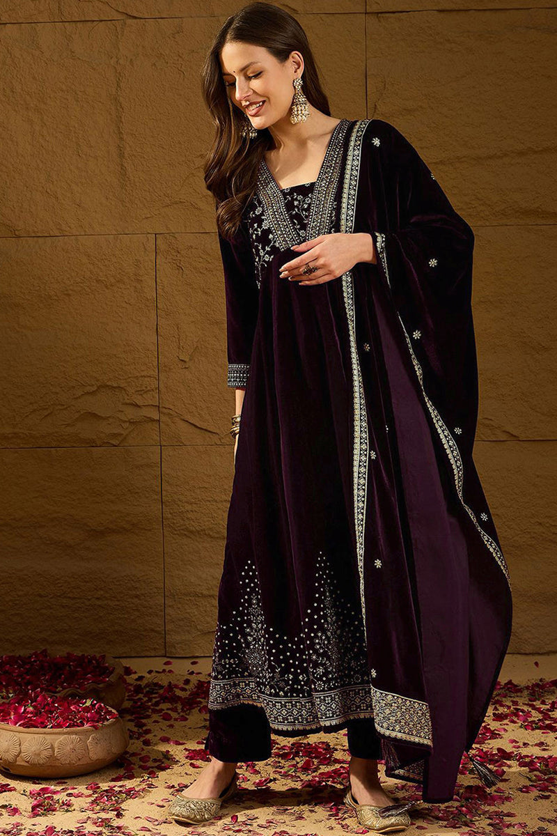 Purple Velvet Floral Printed Anarkali Trousers Suit Set