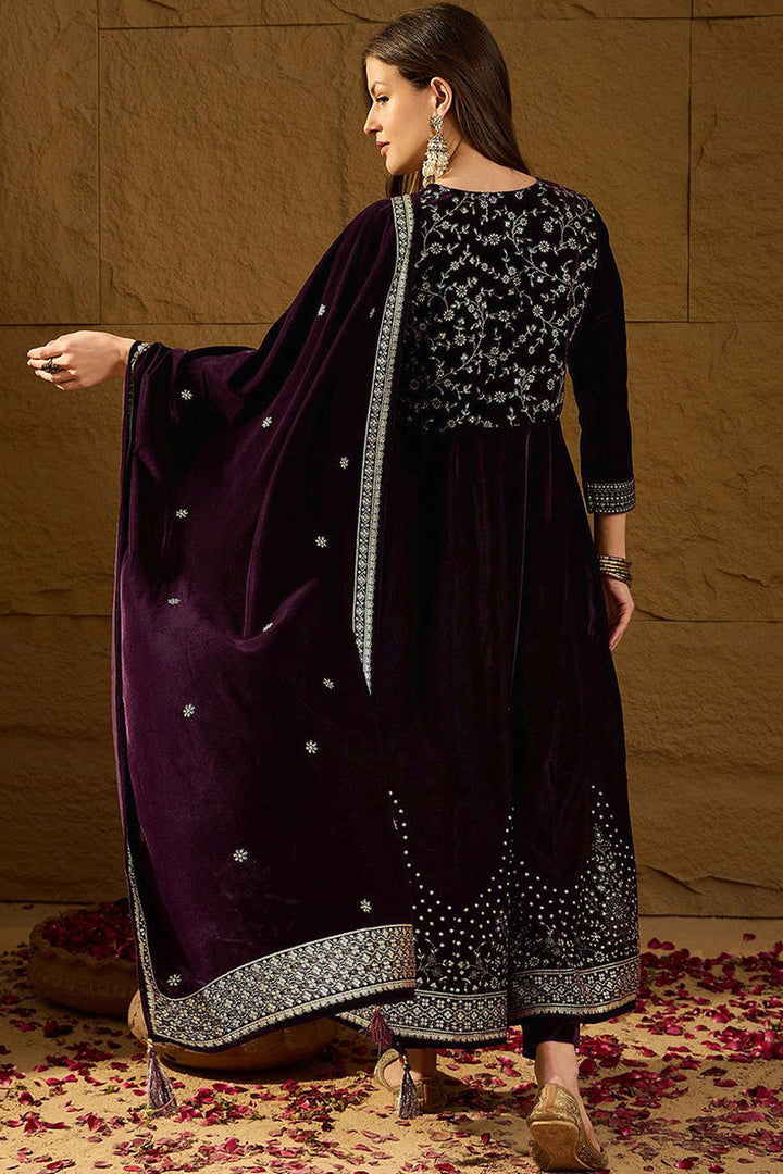Purple Velvet Floral Printed Anarkali Trousers Suit Set