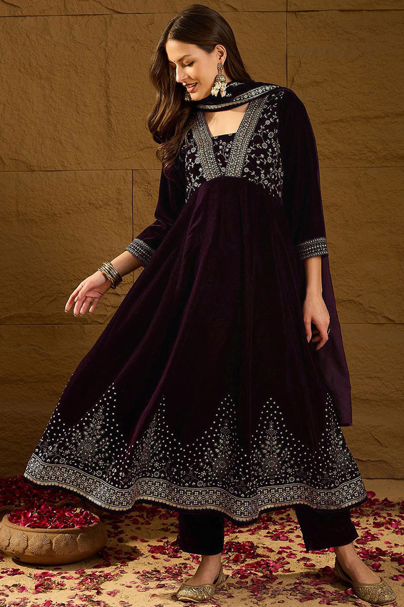 Purple Velvet Floral Printed Anarkali Trousers Suit Set