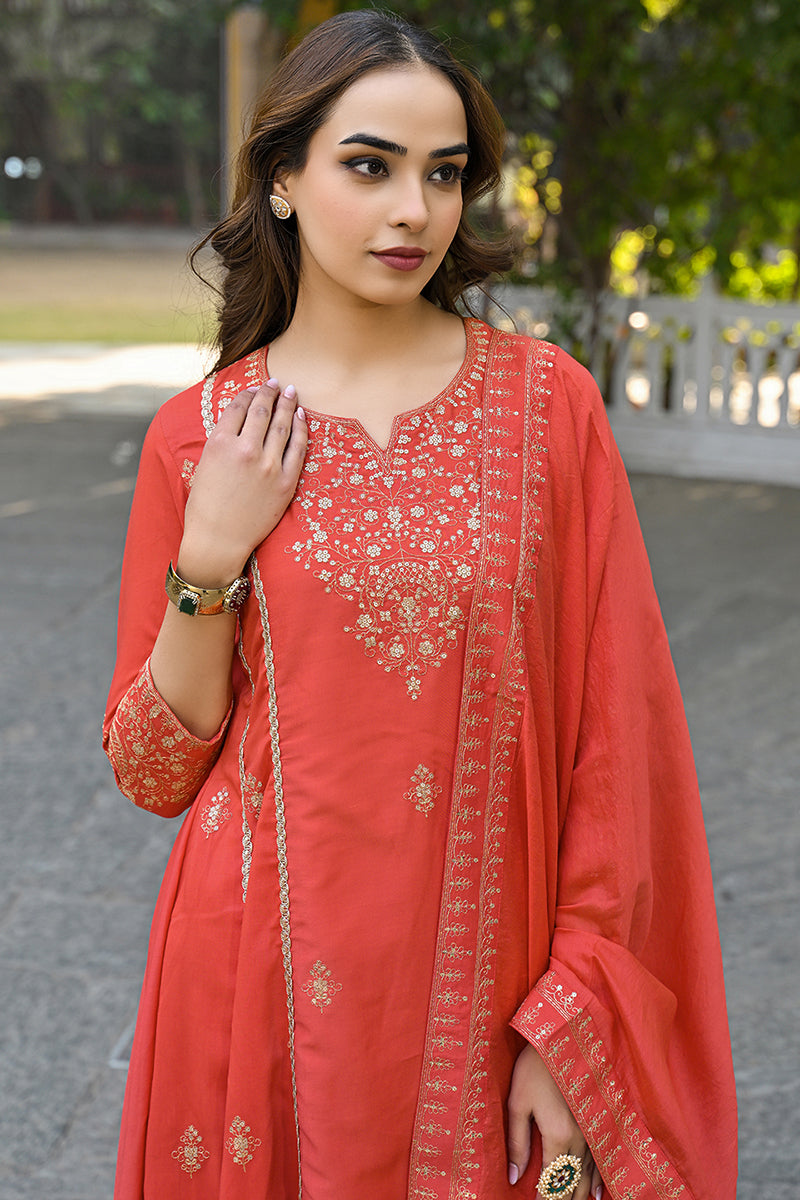 Orange Silk Blend Solid Embroidered Anarkali Suit Set | SHOBITAM