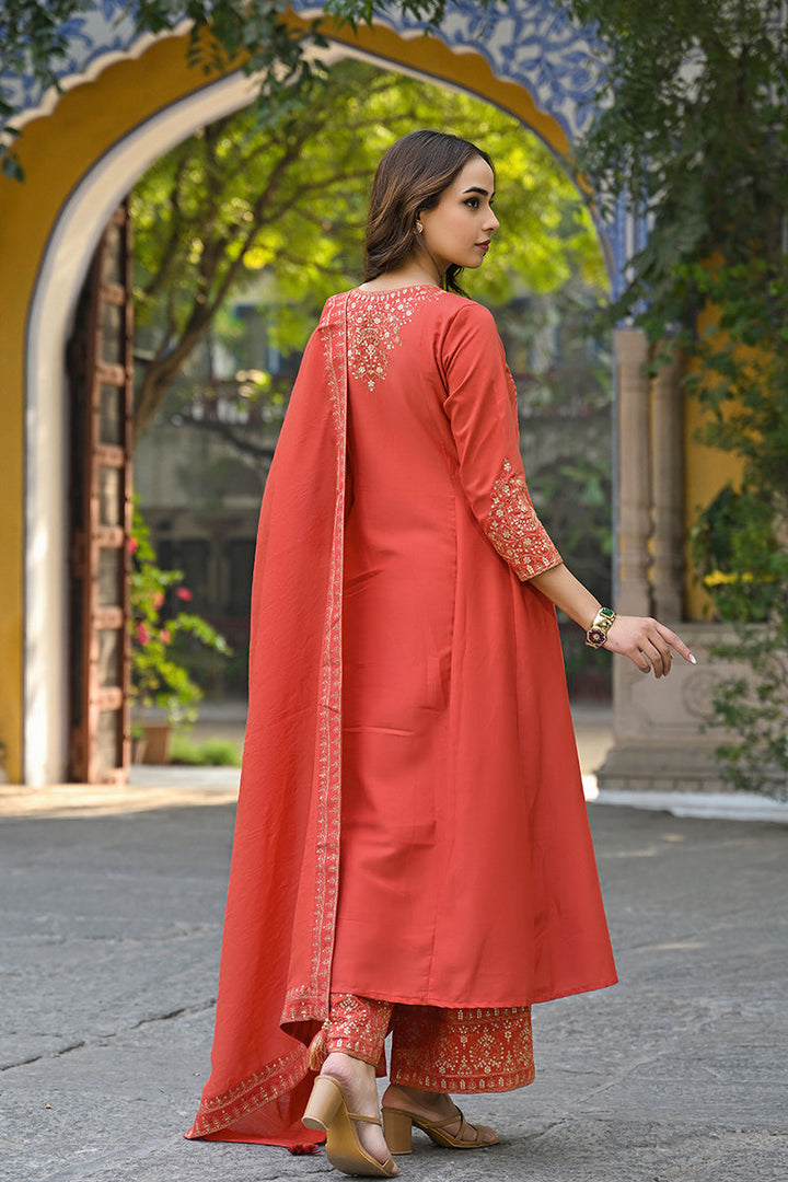 Orange Silk Blend Solid Embroidered Anarkali Suit Set | SHOBITAM