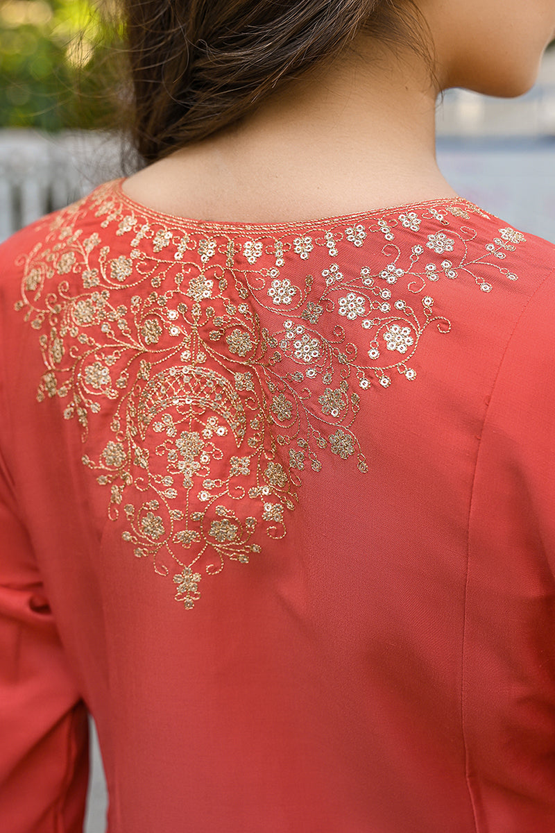 Orange Silk Blend Solid Embroidered Anarkali Suit Set | SHOBITAM