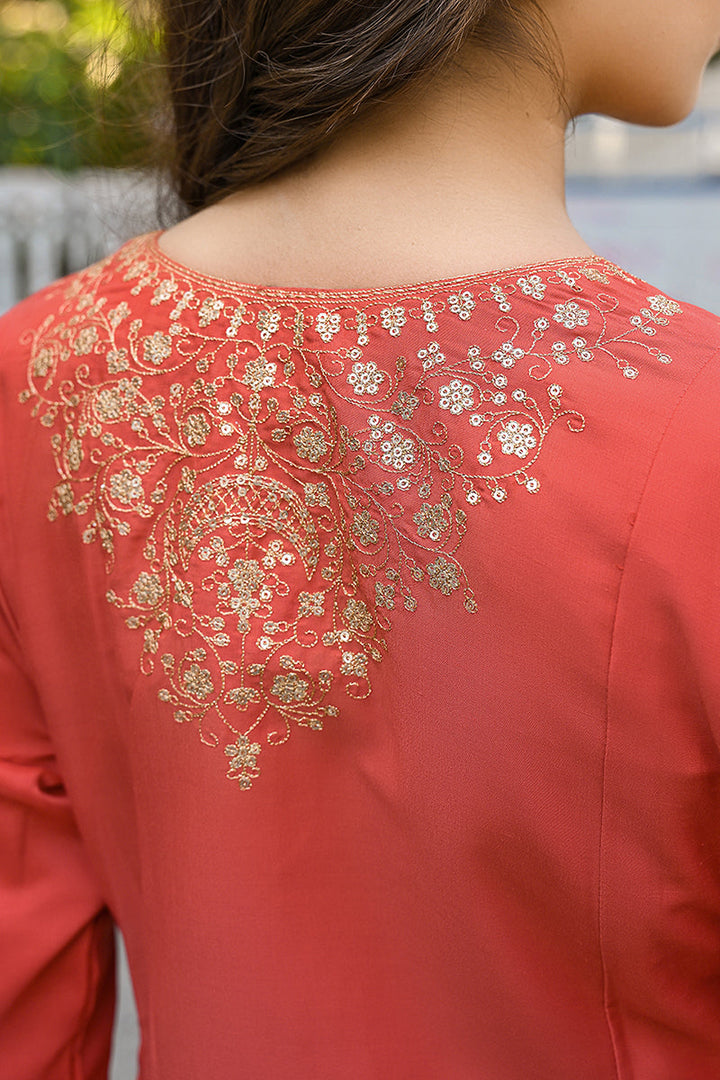 Orange Silk Blend Solid Embroidered Anarkali Suit Set | SHOBITAM