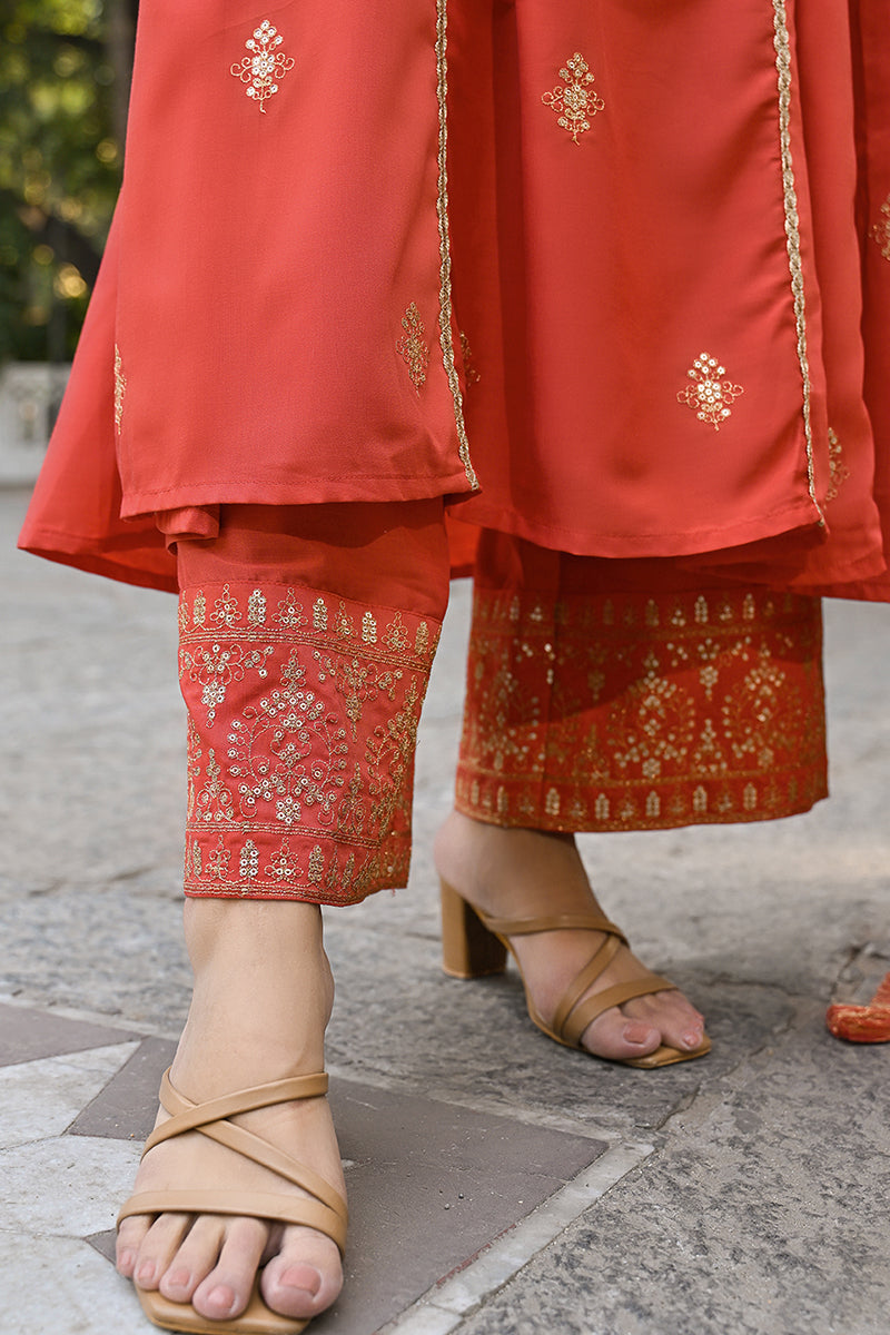 Orange Silk Blend Solid Embroidered Anarkali Suit Set | SHOBITAM