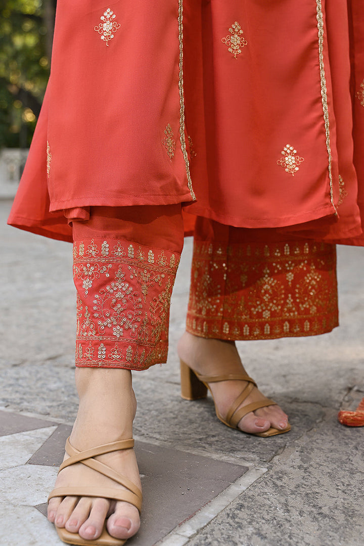 Orange Silk Blend Solid Embroidered Anarkali Suit Set | SHOBITAM