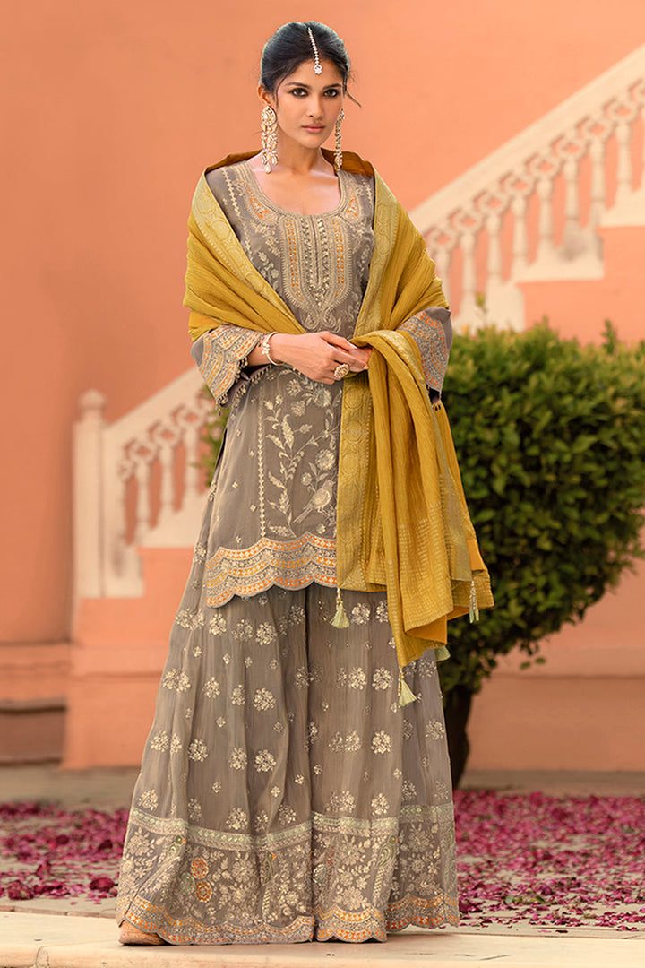 Beige Viscose Shimmer Embroidered Straight Kurta Sharara with Dupatta | SHOBITAM