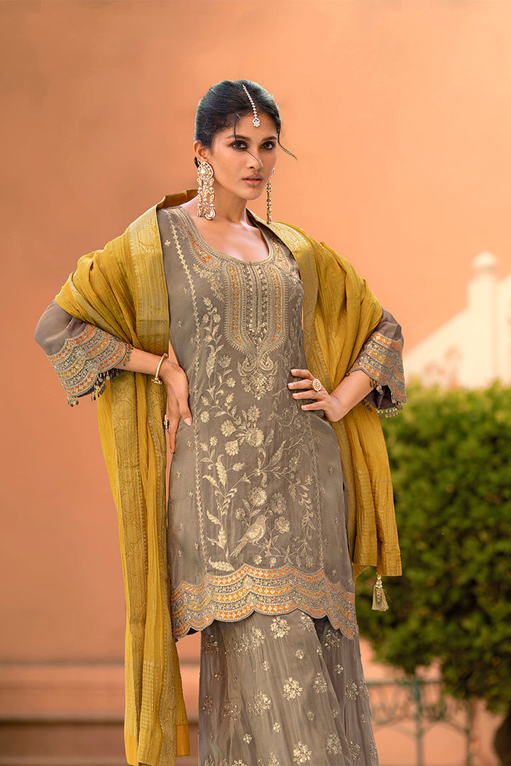Beige Viscose Shimmer Embroidered Straight Kurta Sharara with Dupatta | SHOBITAM