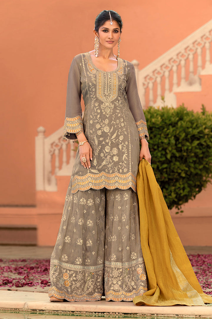 Beige Viscose Shimmer Embroidered Straight Kurta Sharara with Dupatta | SHOBITAM