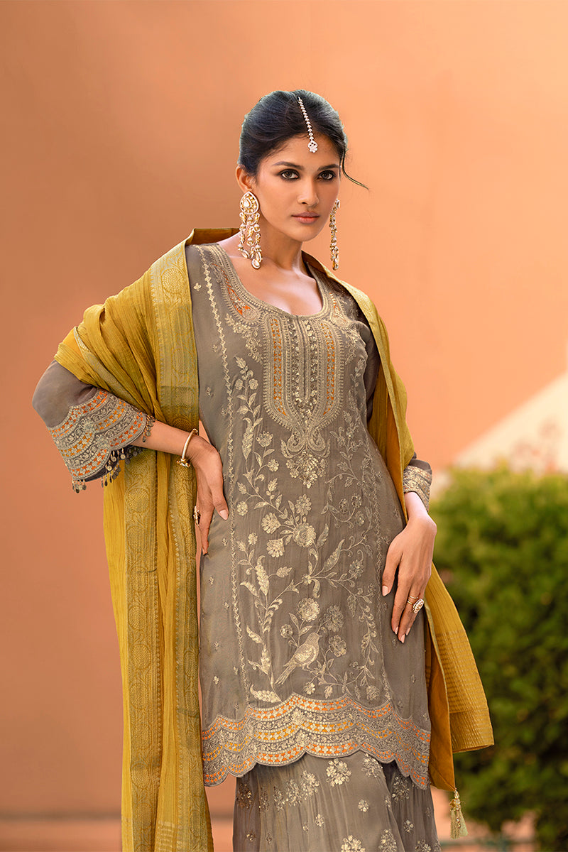 Beige Viscose Shimmer Embroidered Straight Kurta Sharara with Dupatta | SHOBITAM